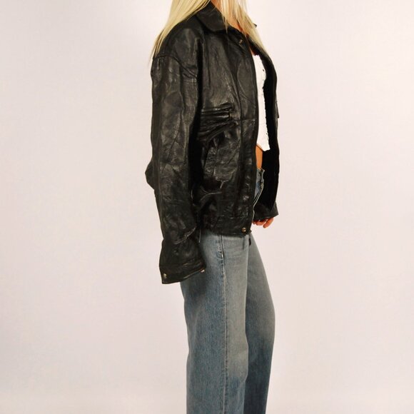 90s Textured Leather Jacket (L) large black vintage patchwork bomber moto goth - Picture 2 of 9